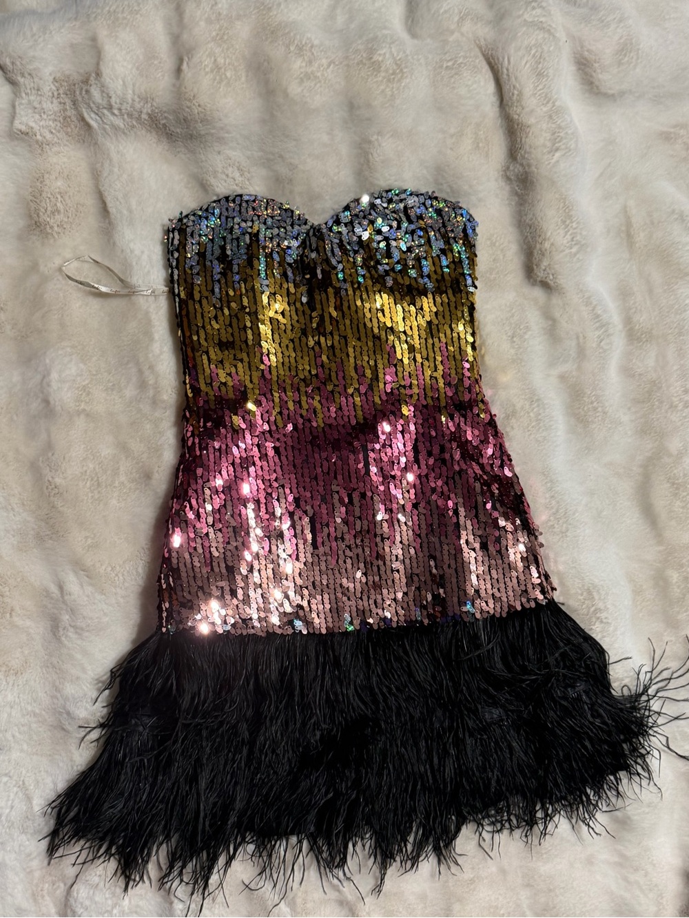Jasmine Multicolor Sequin Ombre Strapless Dress with Black Feather Trim